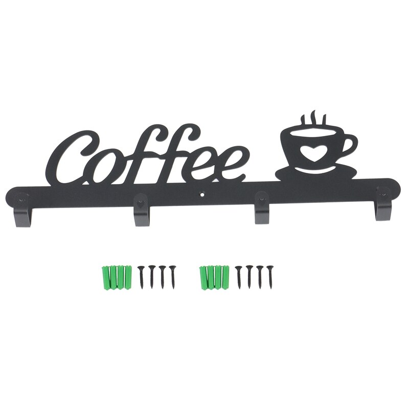 Metal Coffee Mug Holder, Wall Mounted Coffee Cup Rack With Coffee Sign, 4 Hooks Art Metal Cup Hanging Decor