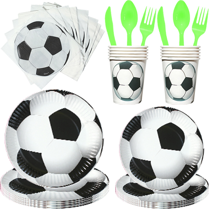 Decoraciones de de cumpleaños de fútbol para niños, globos de temática de fútbol, juego de vajilla para niños, platos de papel, servilletas, tazas, bandera