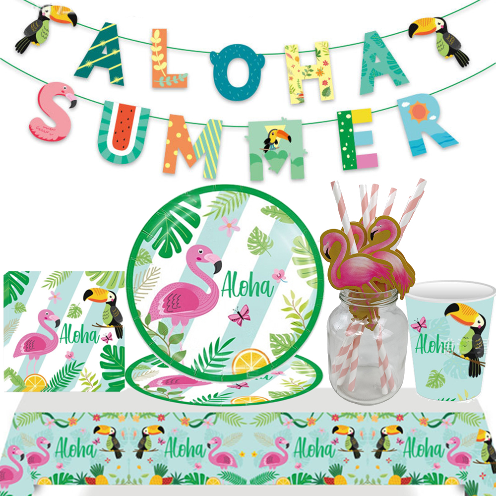 Hawaiiansk luau-fest engangsservice tropisk flamingo paptallerkener kopper servietter sommer strand aloha tema festdekorationer