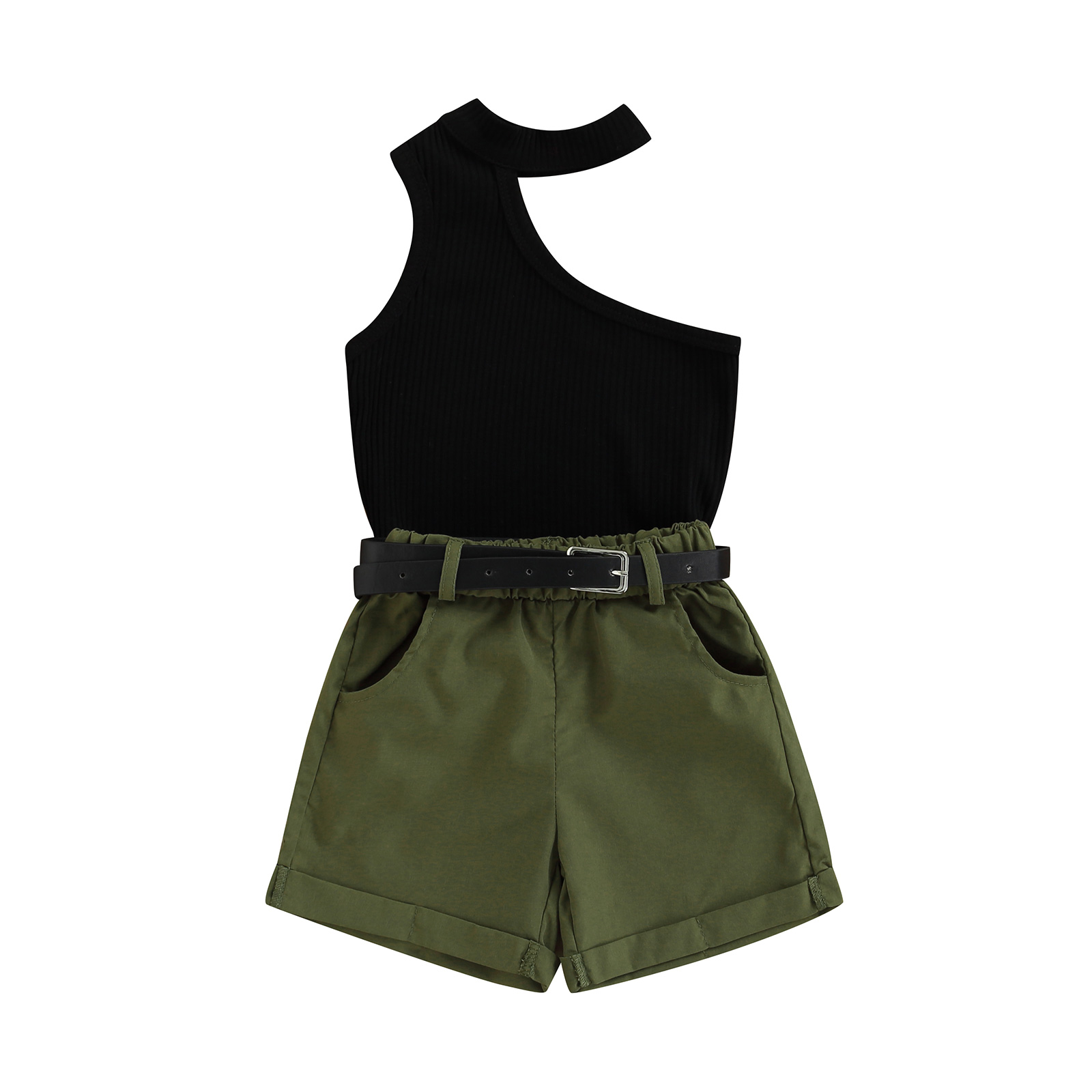 Completi a tre pezzi per neonate per bambini, gilet scavato senza maniche con una spalla + pantaloncini con tasche laterali + cintura decorativa 1-6T