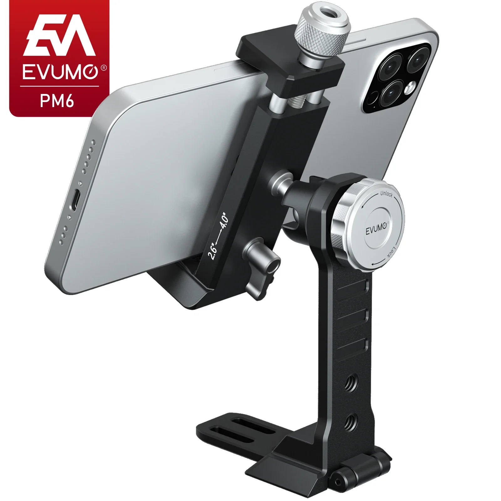 EVUMO PM6 Metalowy statyw do telefonu 360° ° Obrotowe mocowanie na zimną stopkę Arca Swiss Quick Release Plate Clamp do iPhone'a DSLR Camera Mic