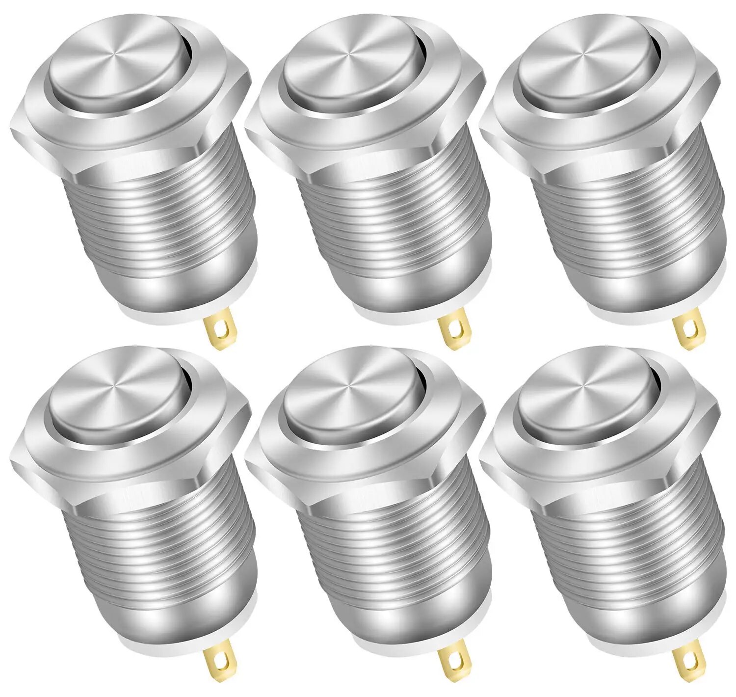 6 Stück 12 mm Momentan-Drucktastenschalter, 12 V, wasserdicht, Energie-Drucktaster, klein, rund, verchromt, rostfrei, Metall, 2-polig, N/O: Ursprünglich Titel