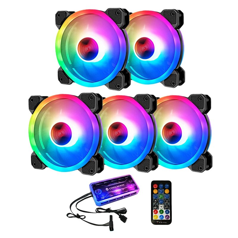 COOLMOON RGB Computer Case Fan, 12cm Silent Shenguang Sync + Music Controller Computer Cooling Fan CPU Cooling Fan (5 Packs): Default Title