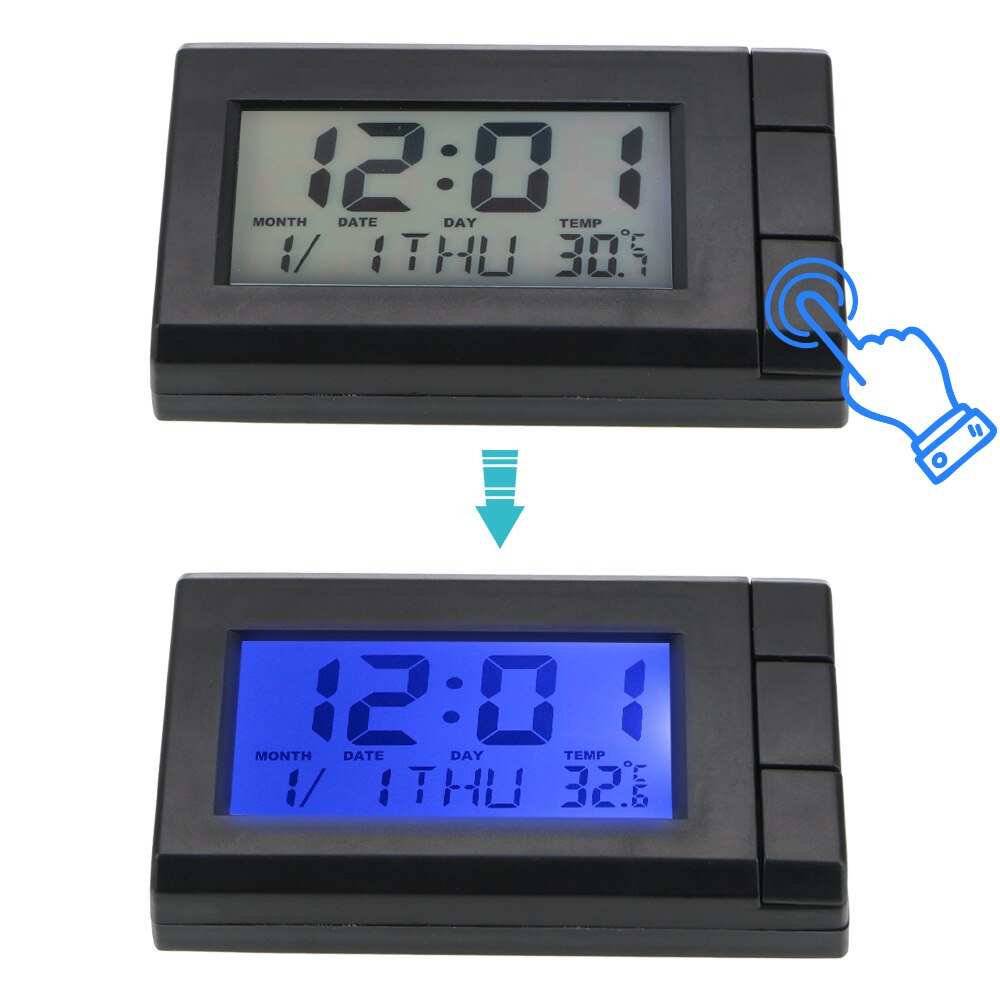 Reloj Digital LCD para coche, reloj electrónico con pantalla de temperatura, luz de fondo azul, autoadhesivo, reloj automático, termómetro, adornos para coche