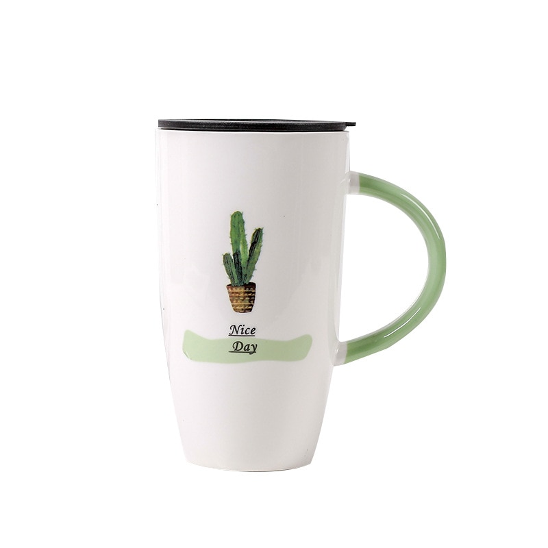 600ml kaktusmönster keramisk mugg med lock tecknade koppar mjölk kaffe te kopp grönt handtag porslinsmuggar fina
