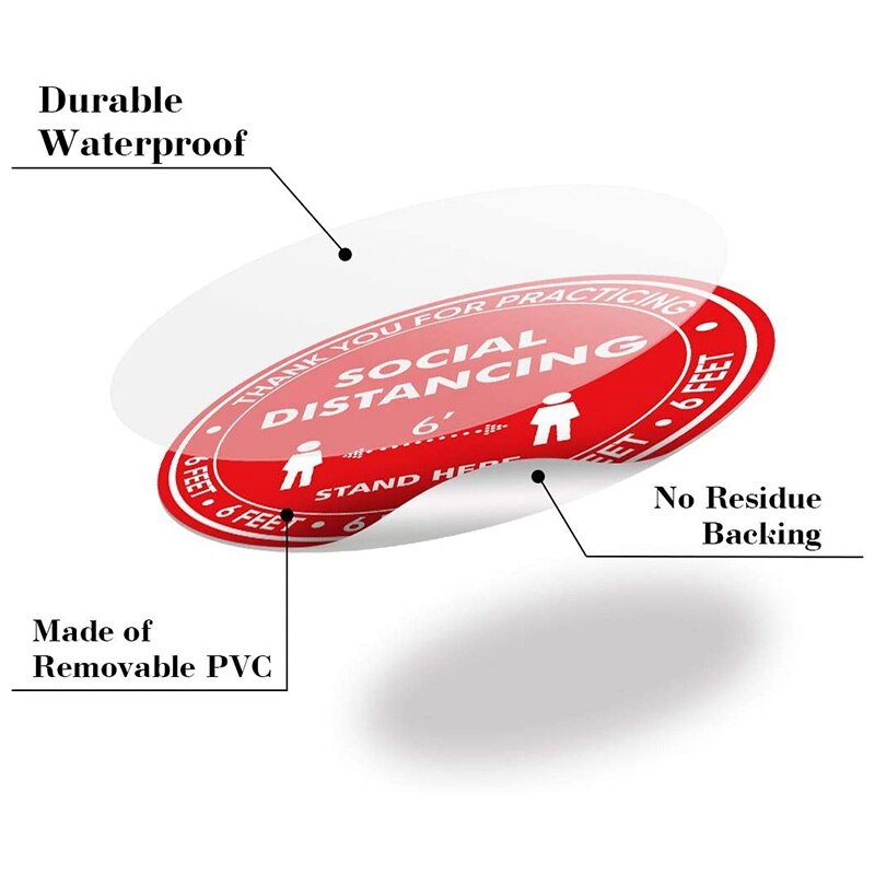 20 Social Distance Floor Stickers Sticker 6 FFET Distance Safety Floor Signs for Crowd Control 12 Inches Red