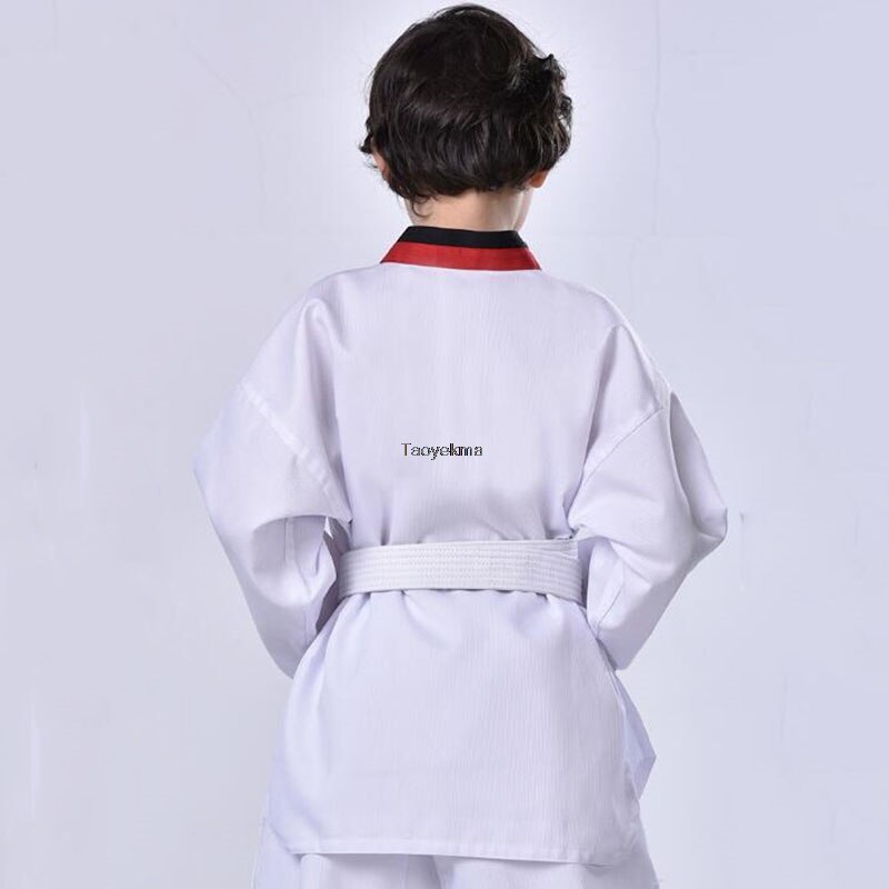Hvit taekwondo uniform barn voksen taekwondo dress dobok wtf karate uniform klær lange ermer fitness trening  t22