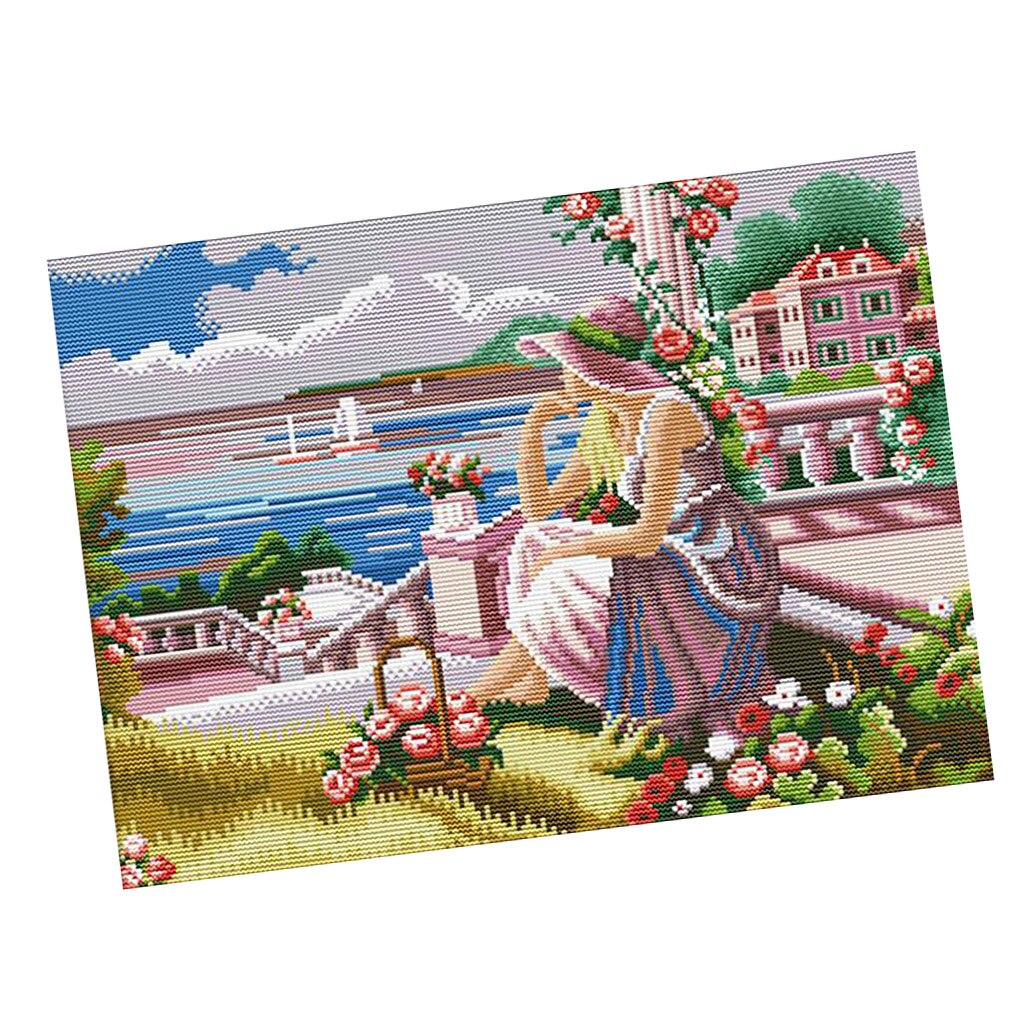 Flower &amp; Girl Stamped Cross Stitch Kit DIY Handmade Needlework for Beginners Kids Adults