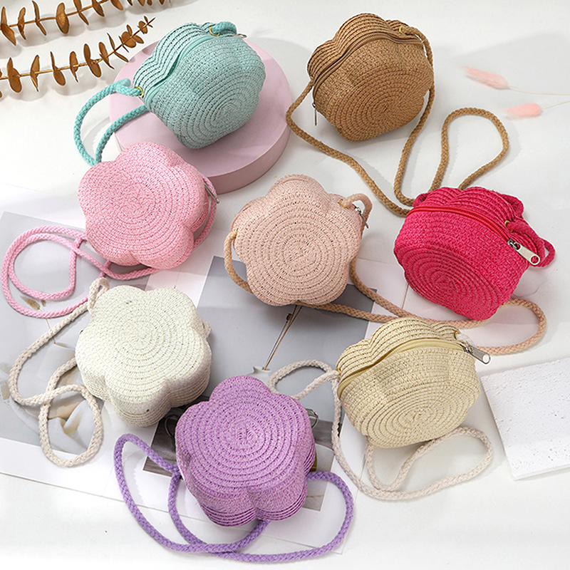 Handgemaakte kinderen meisjes schoudertas bloem stro babytassen messenger bag kinderen sleutels portemonnee schattige prinses mini handtas