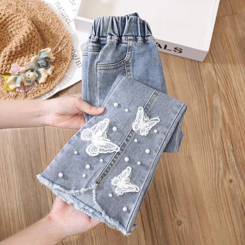 Pantalones vaqueros para niña de 3 a 12 años, pantalón acampanado, ropa de primavera, pantalón informal, pantalón largo de perlas para bebé