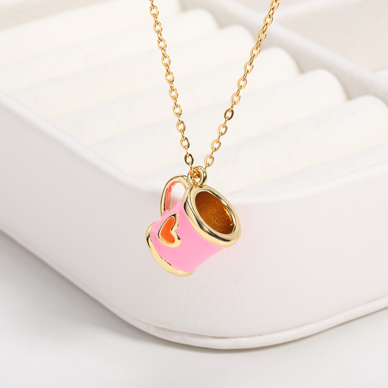 Nette Kleine Rosa Tasse Halskette Weißen Kragen Frauen Halskette Offizielle Schmuck Edelstahl Kette Halskette