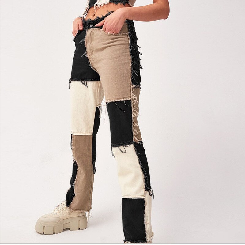 Ezgaga dames jeans kleurblok hoge taille kwast contrast patchwork broek casual streetwear denim broek dames zakken