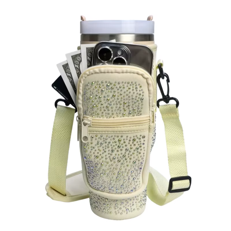 Waterfles draagtas voor beker 40/30 oz, geïsoleerde neopreen waterfleshouder Cross-body tas met verstelbare schouder: Ivoor