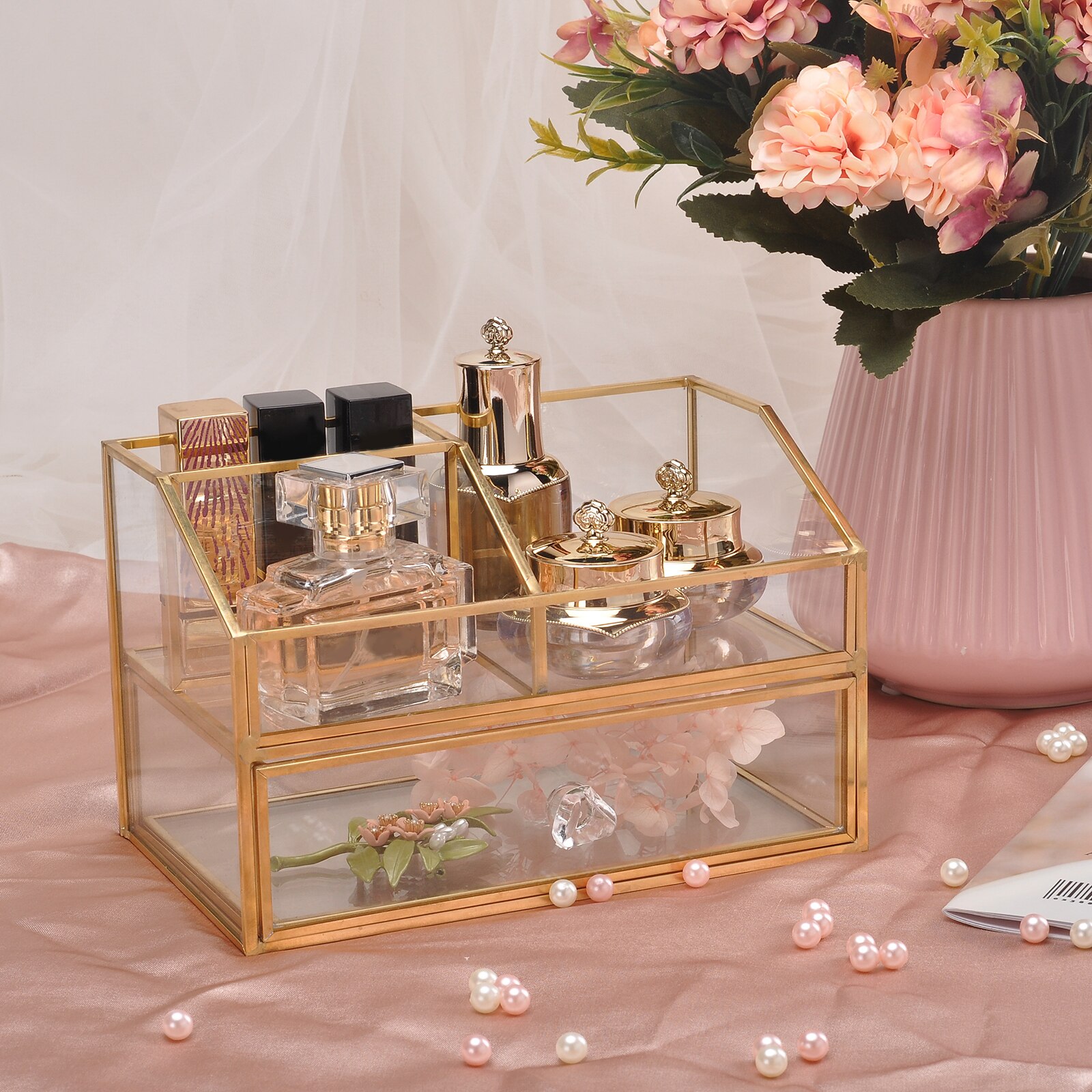 Luxury Glass Box Clear Glass Gold Tone Metal Jewelry Storage Case Cosmetic