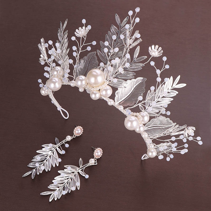 FORSEVEN Silver Color Pearl Flower Leaf Crystal Tiara Crown Earrings Jewelrys Set Headpiece Bride Noiva Wedding Hair Accessories