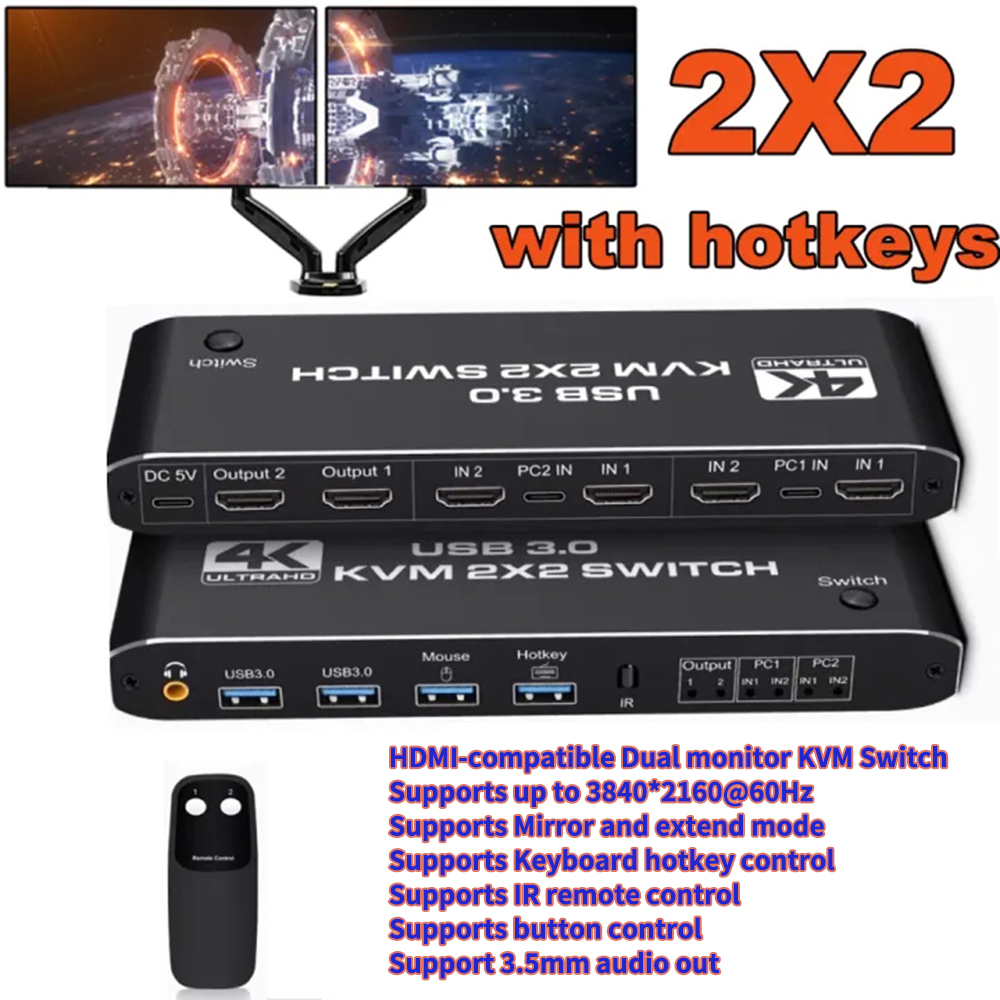 2x2 HD-MI KVM Switch 4K60Hz Dual Monitor KVM HD-MI Extended Display USB KVM Switcher 2 in 2 out for 2 Computers Share 2 Monitors