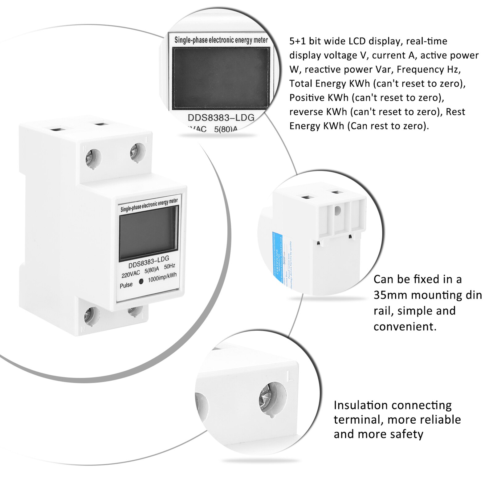 DDS-LDG 220 V 50Hz Single-Phase Electric Enery Meter with LCD Display 35mm Din-rail Mount