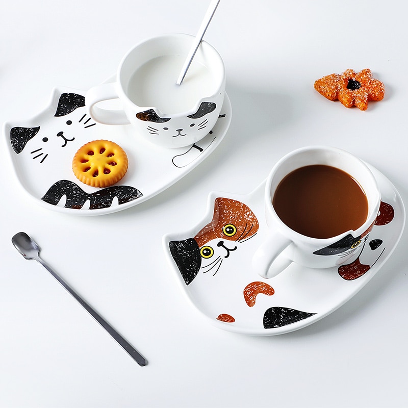 Cute Cat Ceramics Coffee Mug Set Handgrip Animal Mugs With Tray Drinkware Coffee Tea Cups Novelty Milk Cup Breakfast