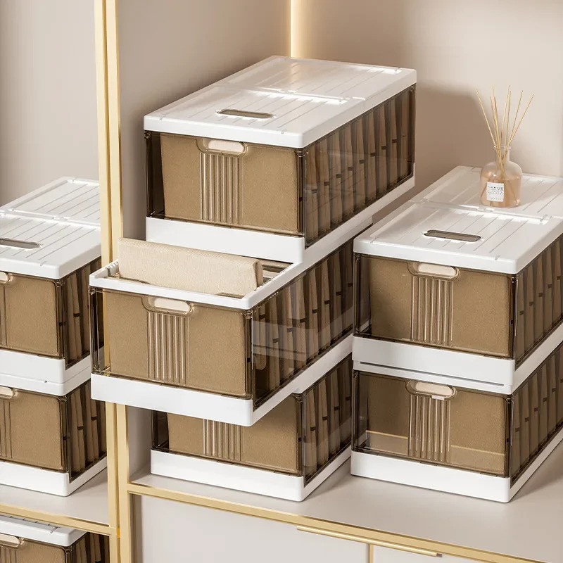 Plastic Wardrobe Clothes Organizer with Handle, Removable Dividers and Cover Stackable Foldable Closet Drawer Storage Box