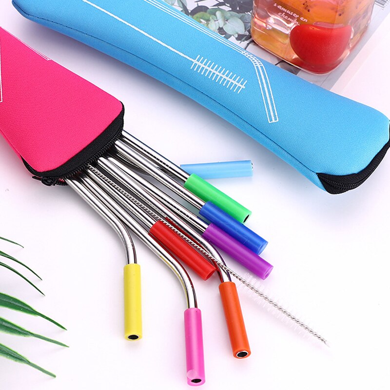 1 set Reusable Stainless Steel Straws Straight Bent Drinking Straws with Silicone Tips Cold Beverage Metal Drinking Straw