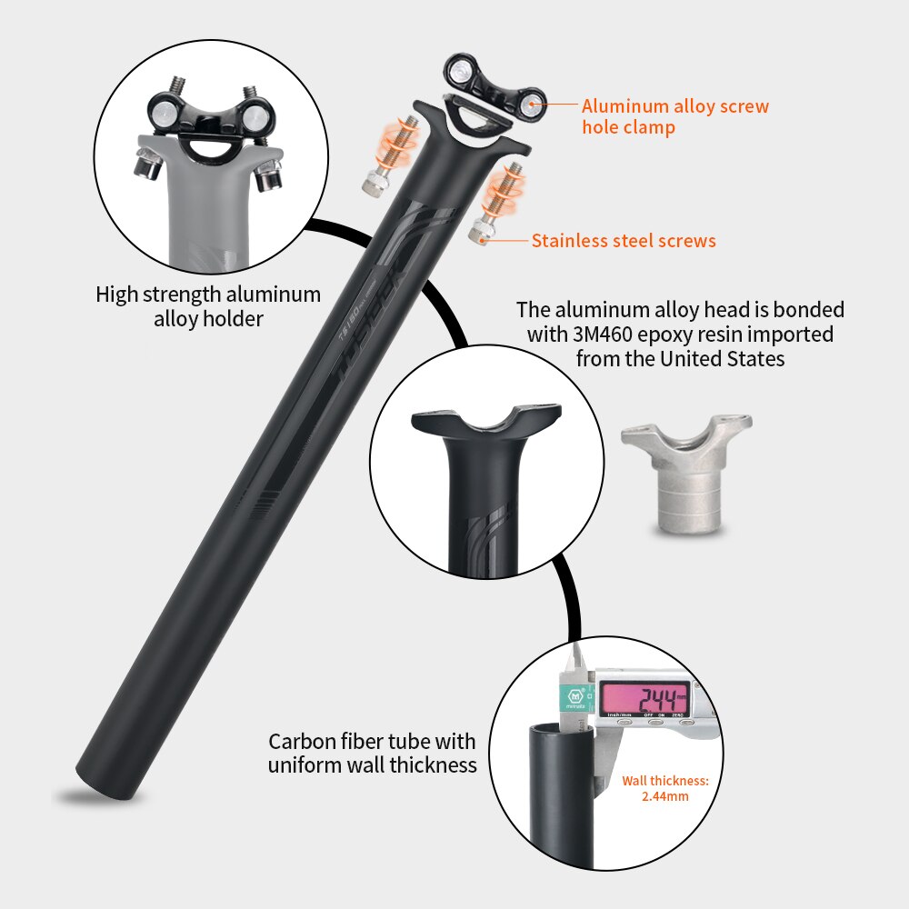 TOSEEK-tija de sillín de carbono para bicicleta, poste de asiento de bicicleta de montaña o carretera, color negro mate de 27,2/30,8/31,6mm, longitud de 0mm, piezas de bicicleta de 400mm