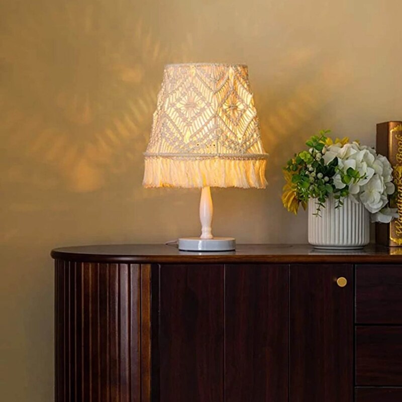 Pantalla de lámpara de macramé bohemio hecha a mano, cubierta tejida para dormitorio, de algodón tejido de cuerda, para decoración del hogar