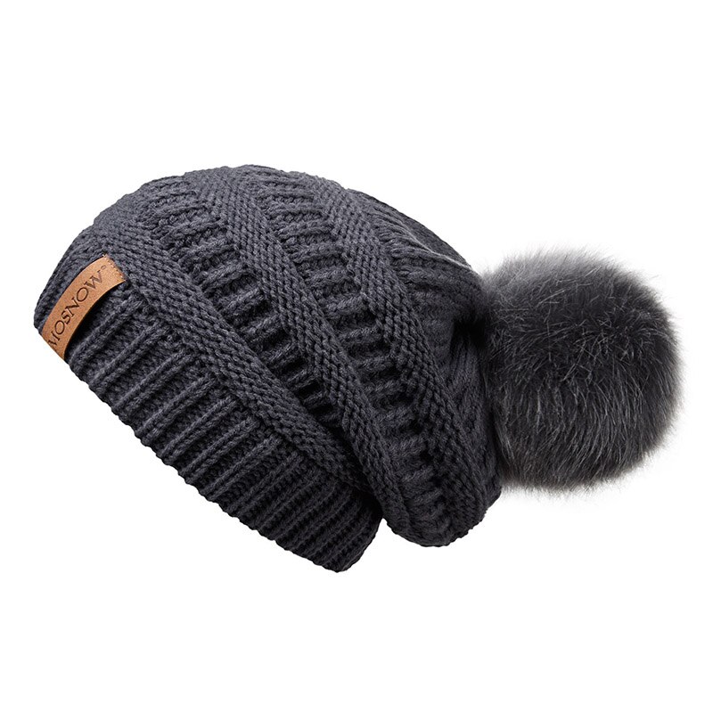 Vinterhue kvinde hue pompon pels pompon hatte skullies afslappet damekasket strikket hue pigehue hunhat: Mørkegrå