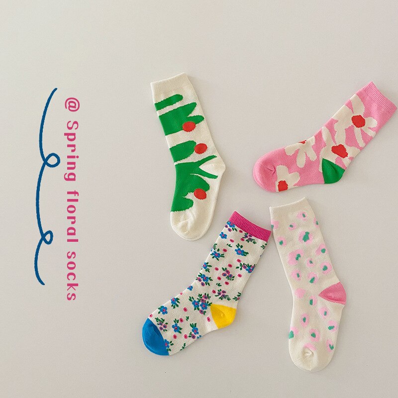 4 paia di calzini per bambini primavera coreana Cartoon fiori stampa neonate calzini sportivi in cotone per bambini di 1-8 anni: 1-3T
