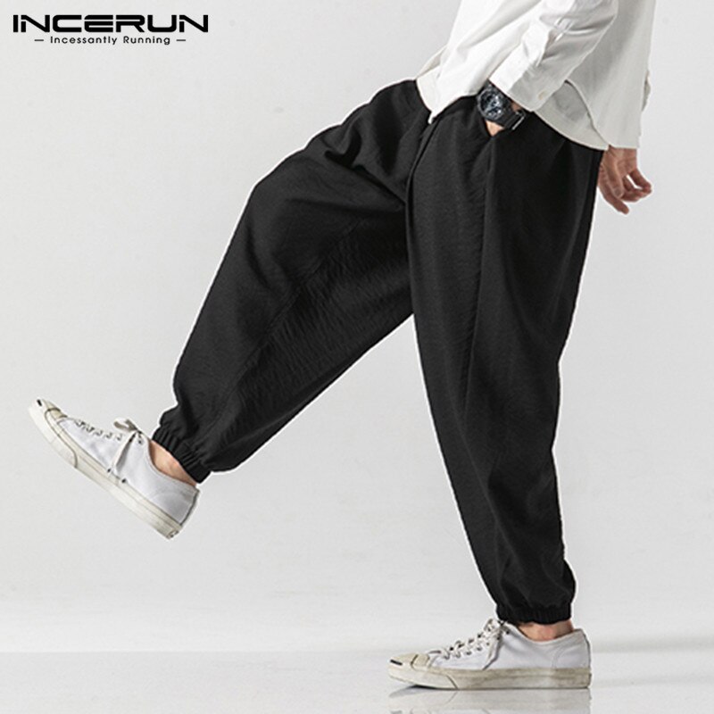 Herr retro hombre pantalones streetwear enfärgade byxor vintage joggingbyxor med dragsko herr lösa haremsbyxor plus storlek 7