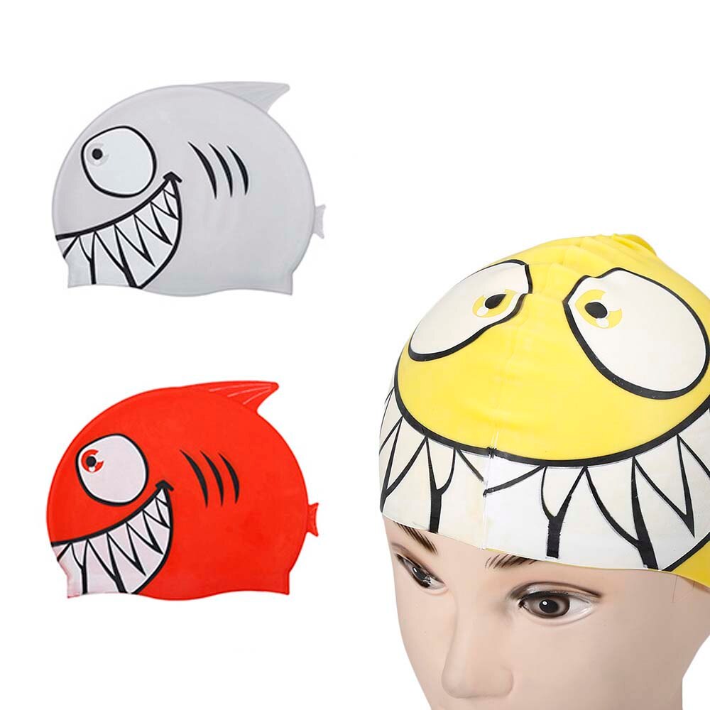 Gorro de natación con tiburón de dibujos animados para niños, gorro de piscina de silicona, impermeable, protege las orejas, equipo de natación para niños y niñas