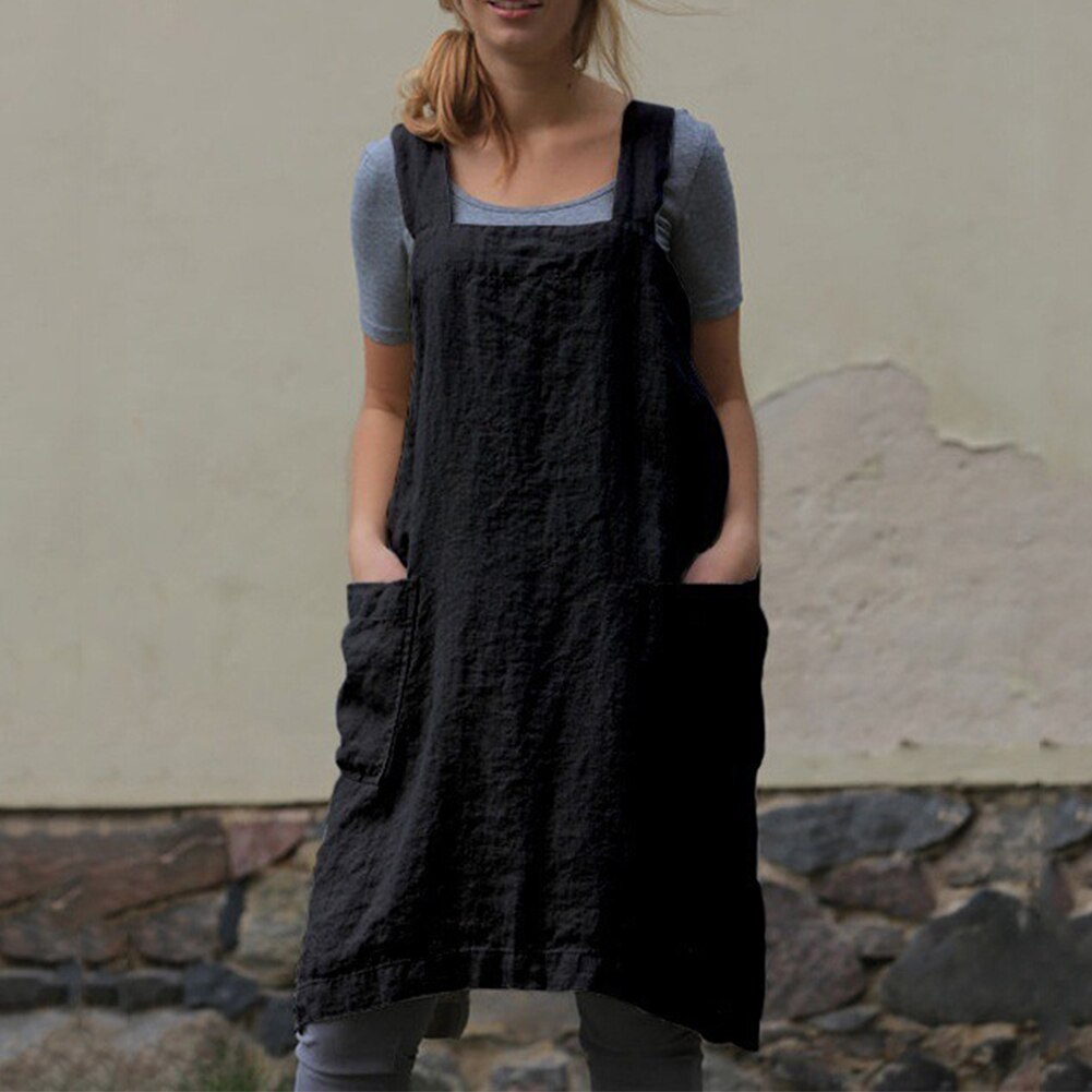 Women Bib Apron Kitchen Solid Florist Home Cooking Sleeveless Cotton Linen Cleaning Chef Household Baking Washable Pinafores