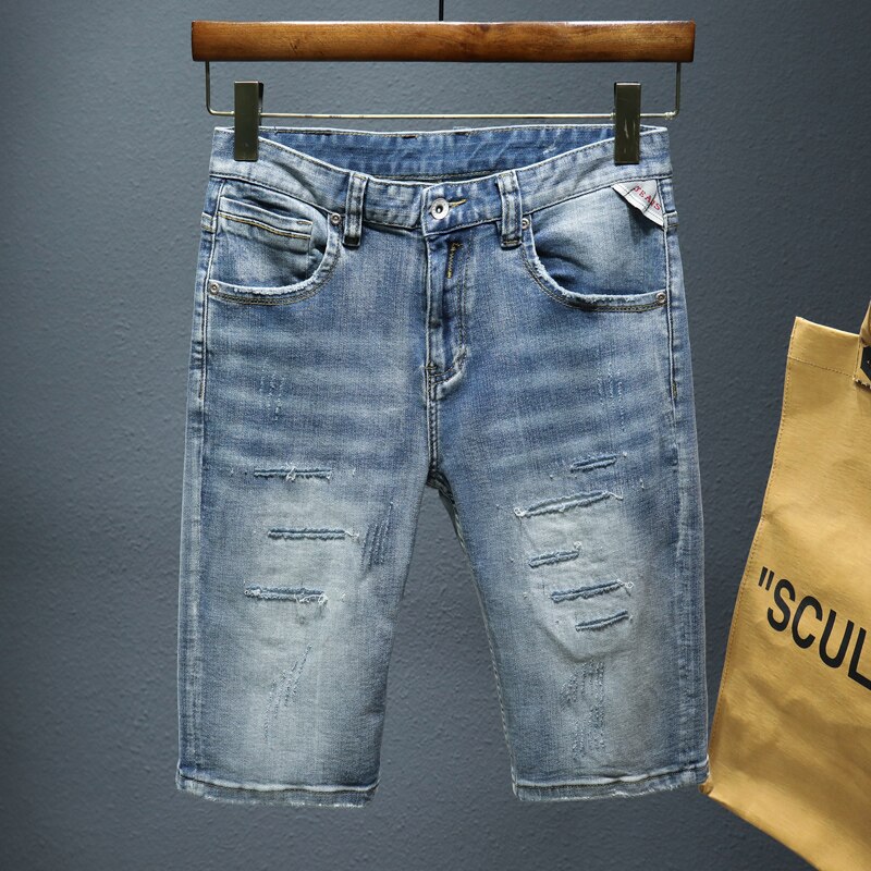 Pantalones cortos clásicos de mezclilla para hombre, Jeans deshilachados, elásticos, deshilachados, de cinco puntos, ropa de calle, novedad de verano: Asia 28