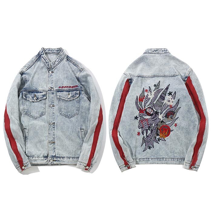Harajuku Stickerei Drachen Jacke Jeans Straße Hüfte hüpfen Männer Jahrgang Gewaschen Denim Jacke Herbst verrotten Gestreiften Denim Jacken: XL