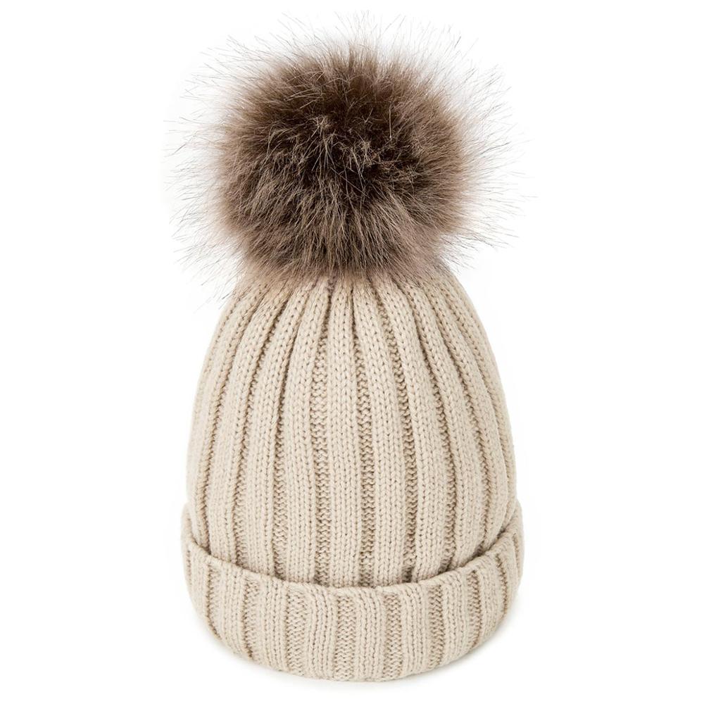 Women's Winter Hats Knit Plus Velvet Warm Beanie Hat Ladies Solid Color Pom-pom Hat Clothing Accessories