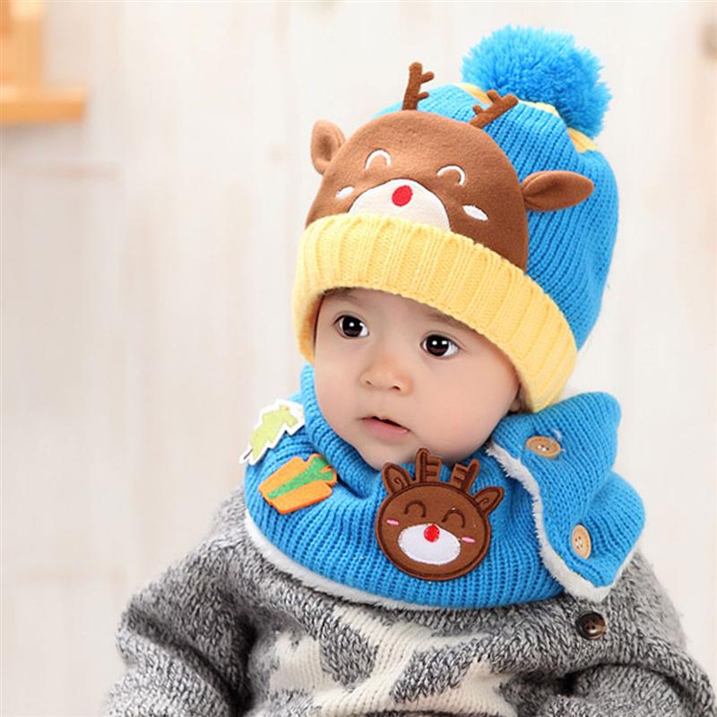 Baby Deer Pattern Hat Set Kid Winter Knitting Wool Yarn Scarf Kit Outdoor Warm Headwears for Children Warm Kids Neckerchief