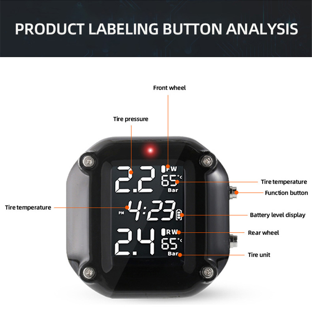 Motorcycle TPMS - LCD Display - 2 External Sensors - Waterproof - Battery Operated