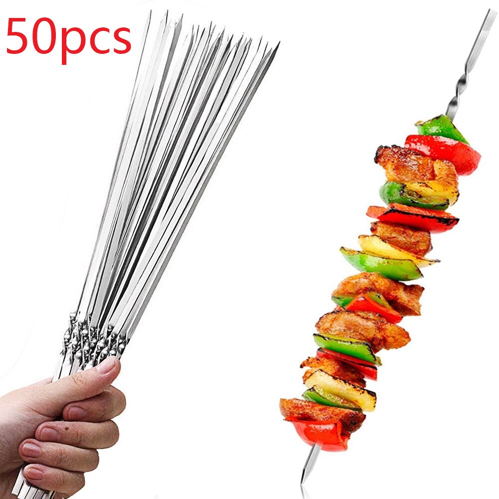 50pcs Reusable BBQ Skewers Barbecue Stainless Steel Skewers BBQ Skewers Camping Flat Forks Gadgets Kitchen Accessories Tools