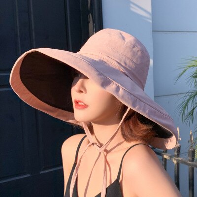 Zomer dames dubbelzijdige brede zonnehoed met grote rand voor buiten op het strand, visserspet, uv-bestendige zonnehoed, emmerhoed: Leer roze