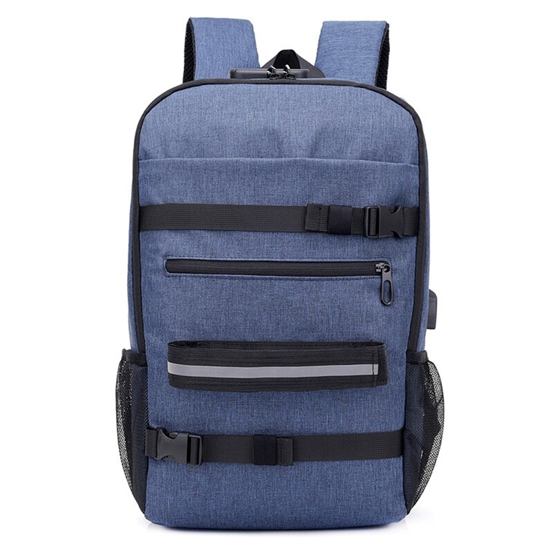 Skateboard Backpack Anti-Theft Password Lock USB Charging Shoulder Bag for Travel Leisure Computer Longboard Bag: Blue