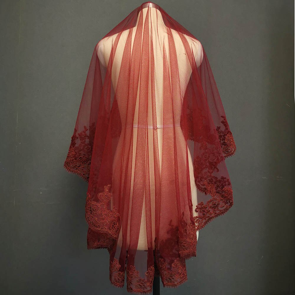 Real Photos Burgundy Lace Tulle Wedding Veil WITHOUT Comb Short Bridal Veil Wedding Accessories Duvak