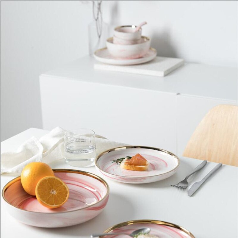 Prato de jantar de mármore rosa conjunto de utensílios de cozinha de cerâmica conjunto de pratos de comida salada de arroz macarrão tigela sopa cozinha entrega gratuita