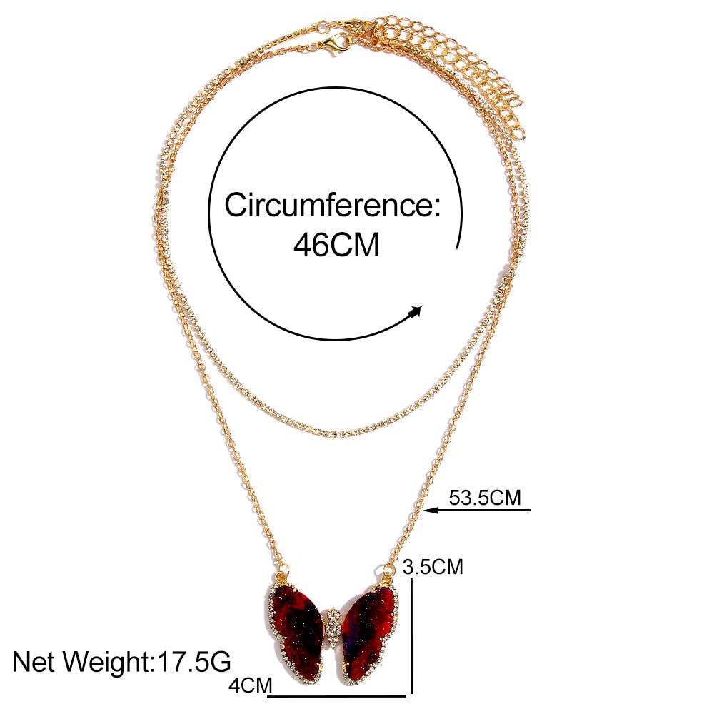 Flatfoosie Trendy Big Butterfly Crystal Pendant Necklace For Women Gold Silver Color Multi-layer Choker Necklace Hip-hop Jewelry