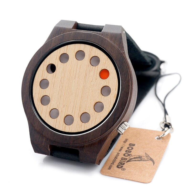 BOBO VOGEL Milieuvriendelijke Houten Horloge Heren Top Luxe Unieke Gaten Lederen Quartz Horloge met Lederen Band