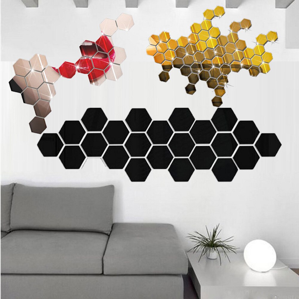 12 pièces/ensemble 3D hexagone acrylique miroir Stickers muraux bricolage Art décoration murale autocollants décor à la maison salon miroir autocollant décoratif: Black