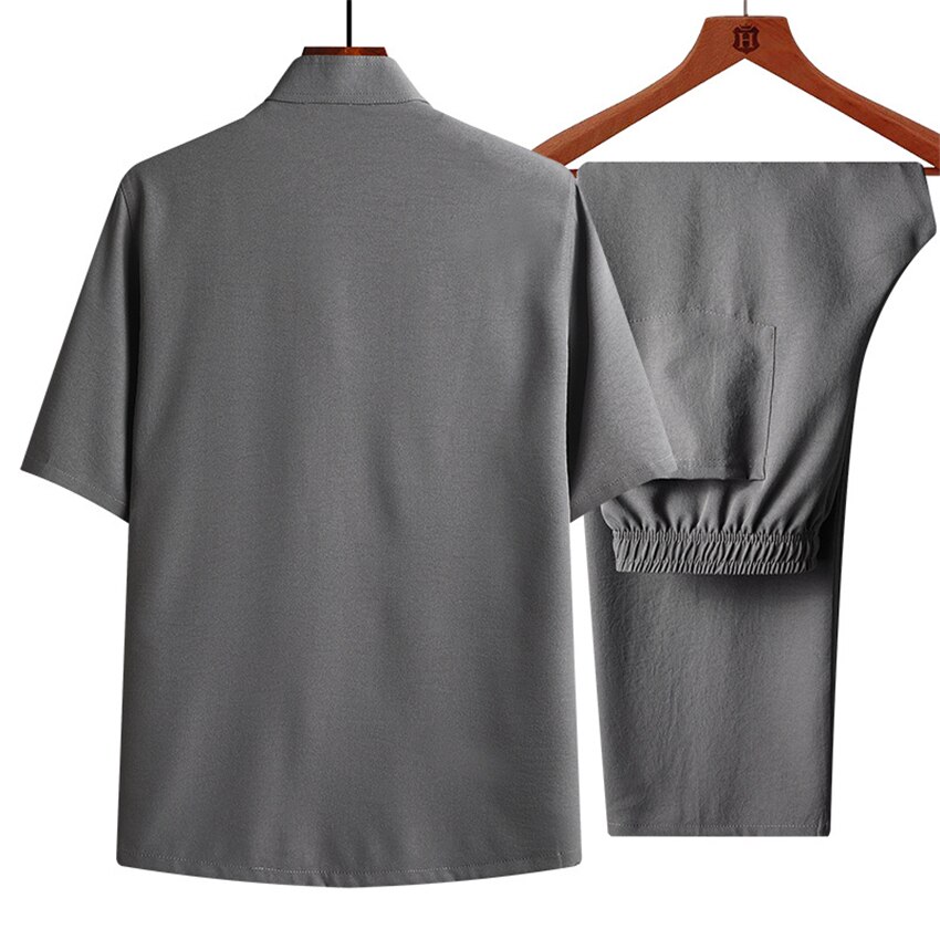 Chinese Traditionele Kleding Tang Pak Mannen Top Bottom Set Kungfu Broek Zomer Korte Mouw Effen Kleur Hanfu Man Broek Jas