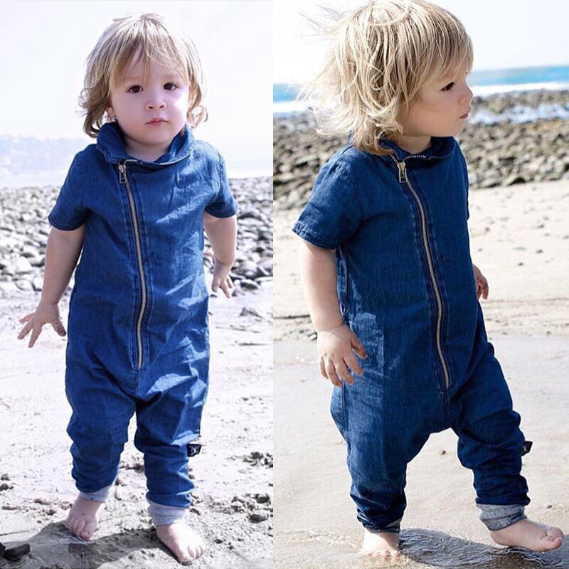 Brand 3M-3Y Newborn Toddler Baby Girls Boys Denim Romper Short Sleeve Elastic Waist Blue Zipper Jumpsuit Summer Clothes