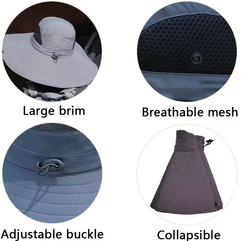 Gorra grande de poliéster de 15cm para el sol, protección UV, gorra de malla transpirable, sombrero de pescador plegable, pesca al aire libre, senderismo, gorras de playa