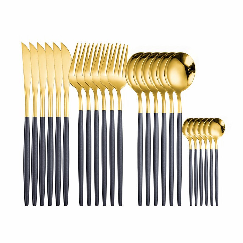 24 pçs conjunto de talheres de ouro 18/10 talheres de aço inoxidável conjunto faca garfo colher conjunto de utensílios de mesa máquina de lavar louça louça segura conjunto caixa de presente