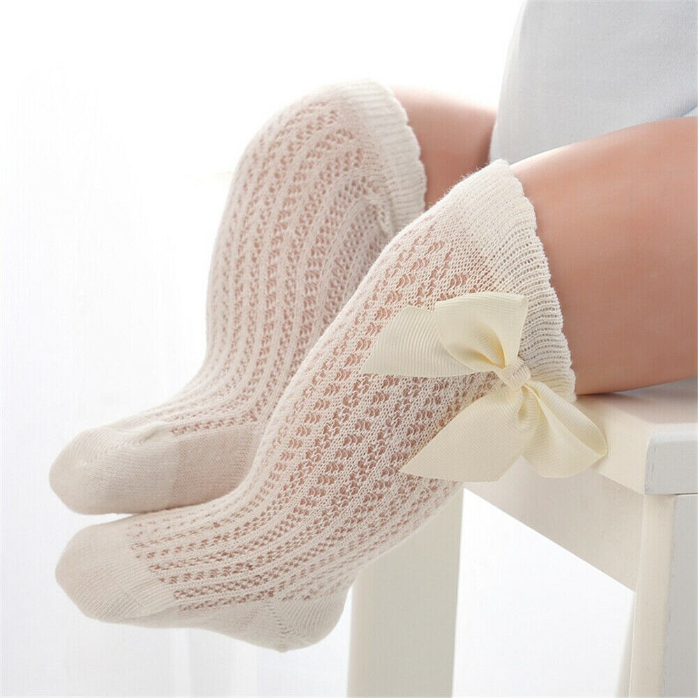 1 Pairs Nette Baby Kleinkinder Kinder Kleinkinder Mädchen Jungen Knie Hohe Socken Strumpfhosen Bein Sommer Band Bogen Gestrickte Atmungs nette: Beige / 24M