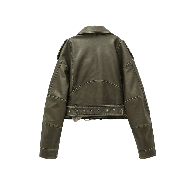 ZVRI 2024 Chaqueta corta Vintage holgada de piel sintética con cinturón para mujer, ropa de calle con cremallera para mujer, abrigo Retro para motociclista, prendas de vestir, Tops
